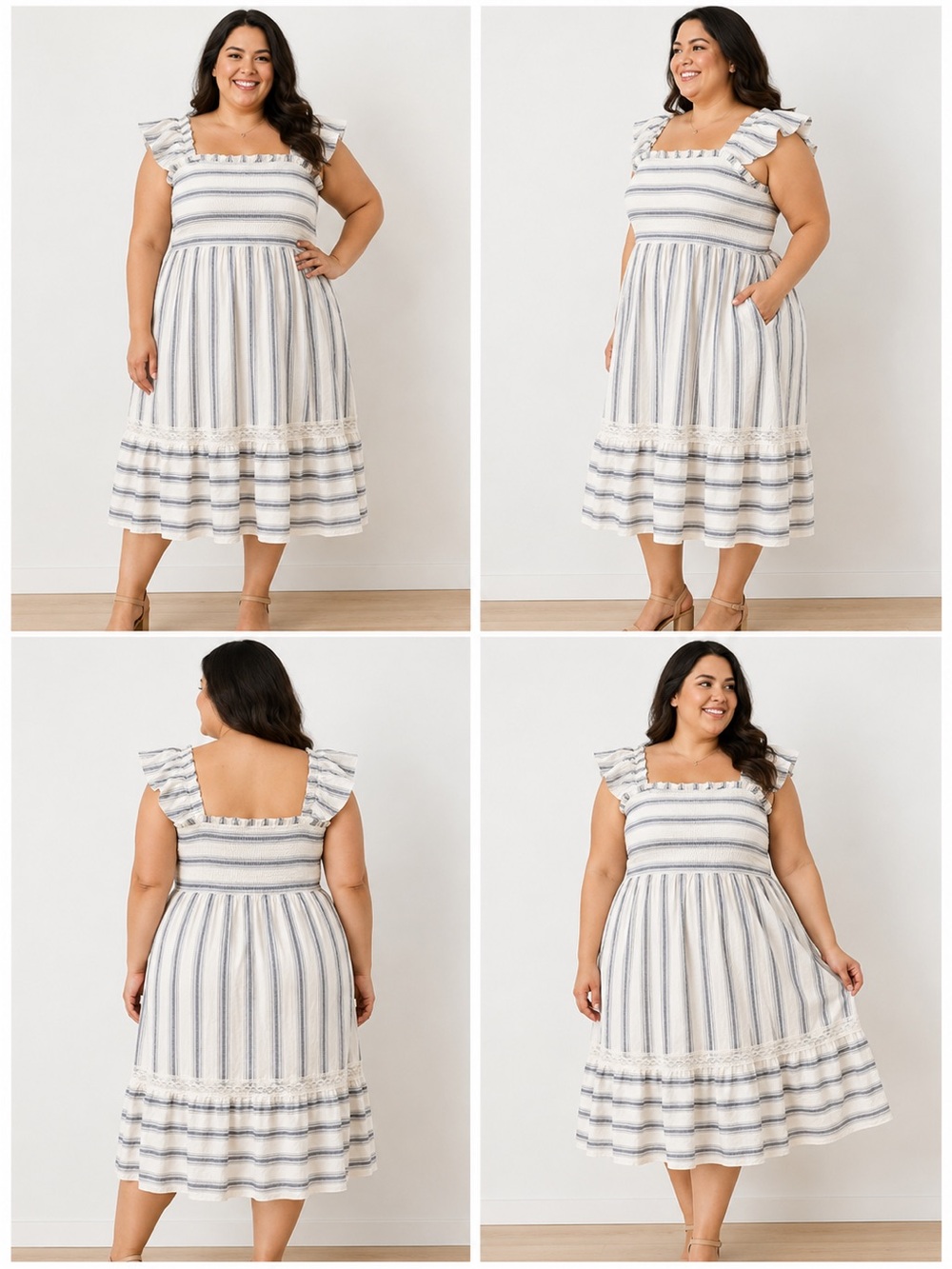 Speed Limit MPH Smocked Midi Dress Womens 3X Blue White Striped Cottagecore
